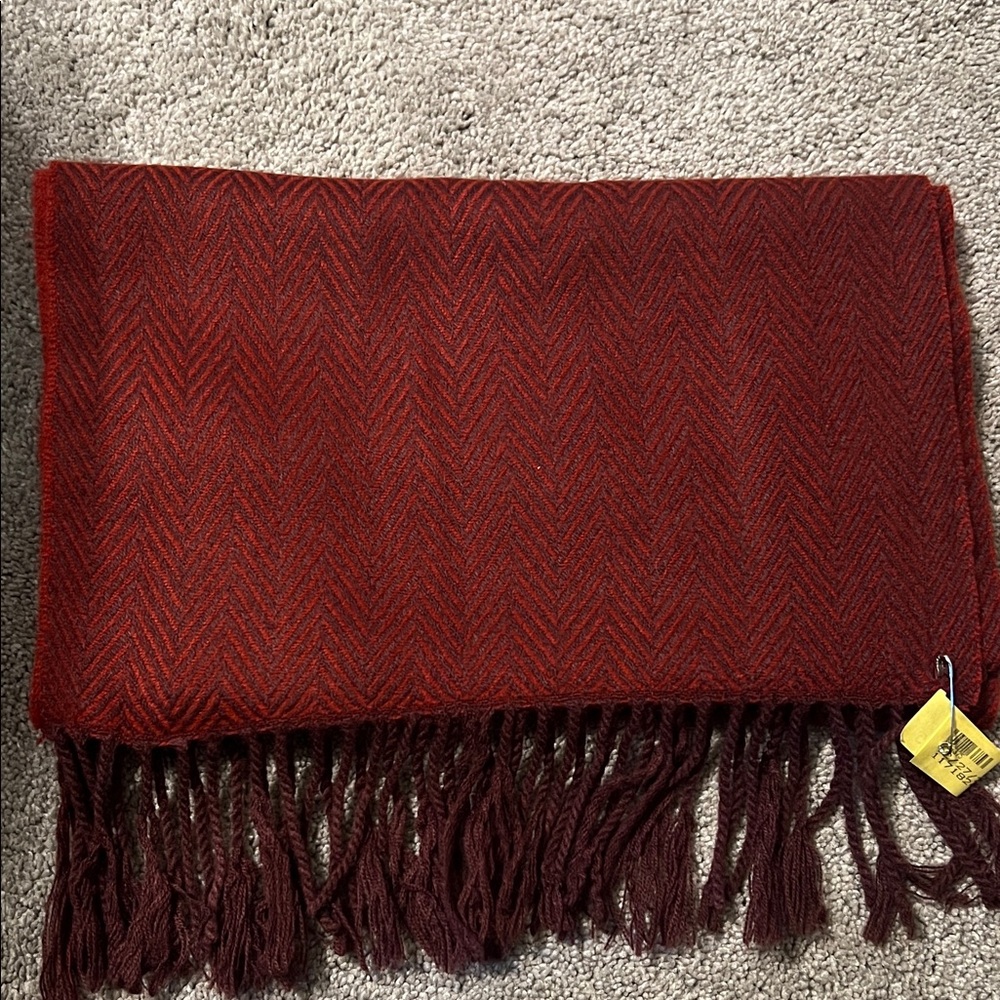 Burgundy Herringbone Wool Blend Scarf | Classic Fringe Winter Wrap
